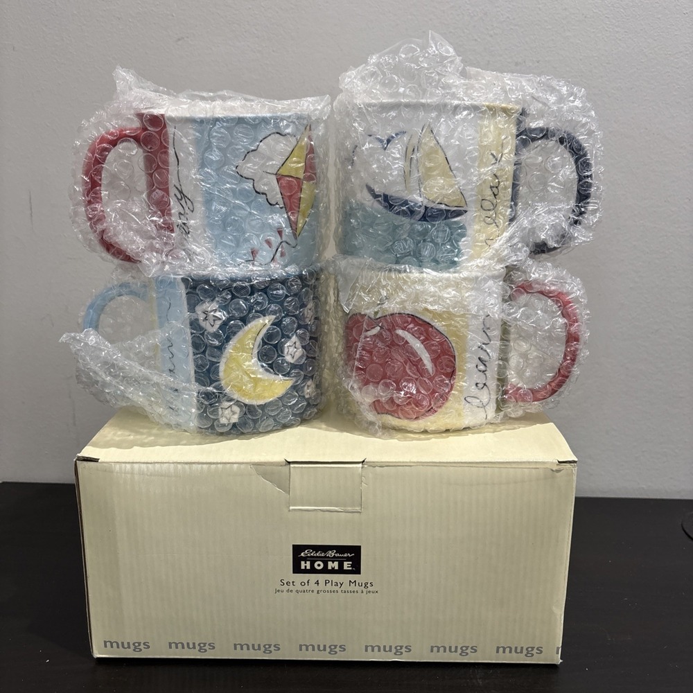 Set of 4 Eddie Bauer Home Play Mugs 16oz BRAND NEW IN BOX Dream Play Learn Relax